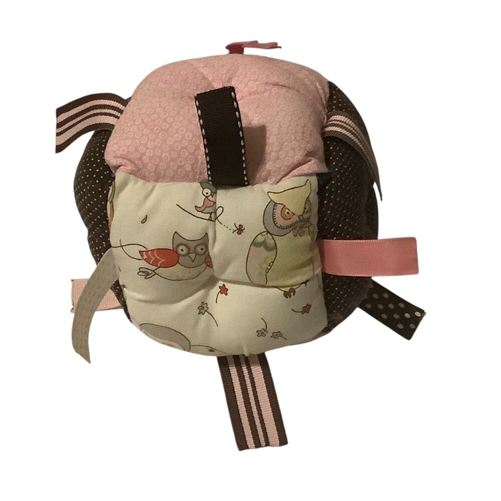 Wood Pond Handmade Baby Sensory Block Ball‎ Plusgh Tags Ribbons Owl Print 5.5”